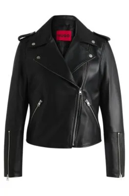 Chaqueta biker regular fit en piel con cremallera asimétrica