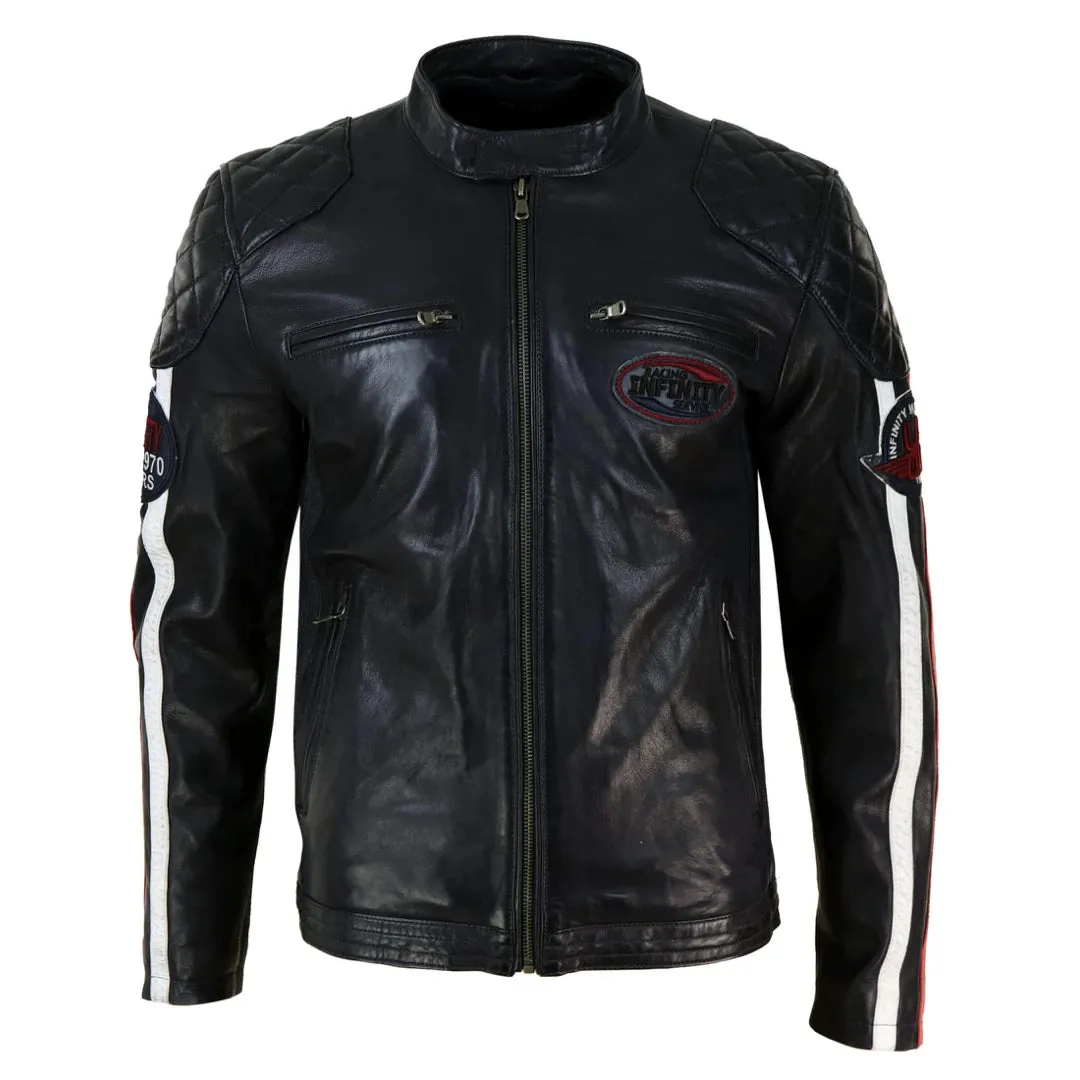Chaqueta de carreras estilo biker de cuero auténtico en azul marino y Marrón oscuro con mangas a rayas para hombre