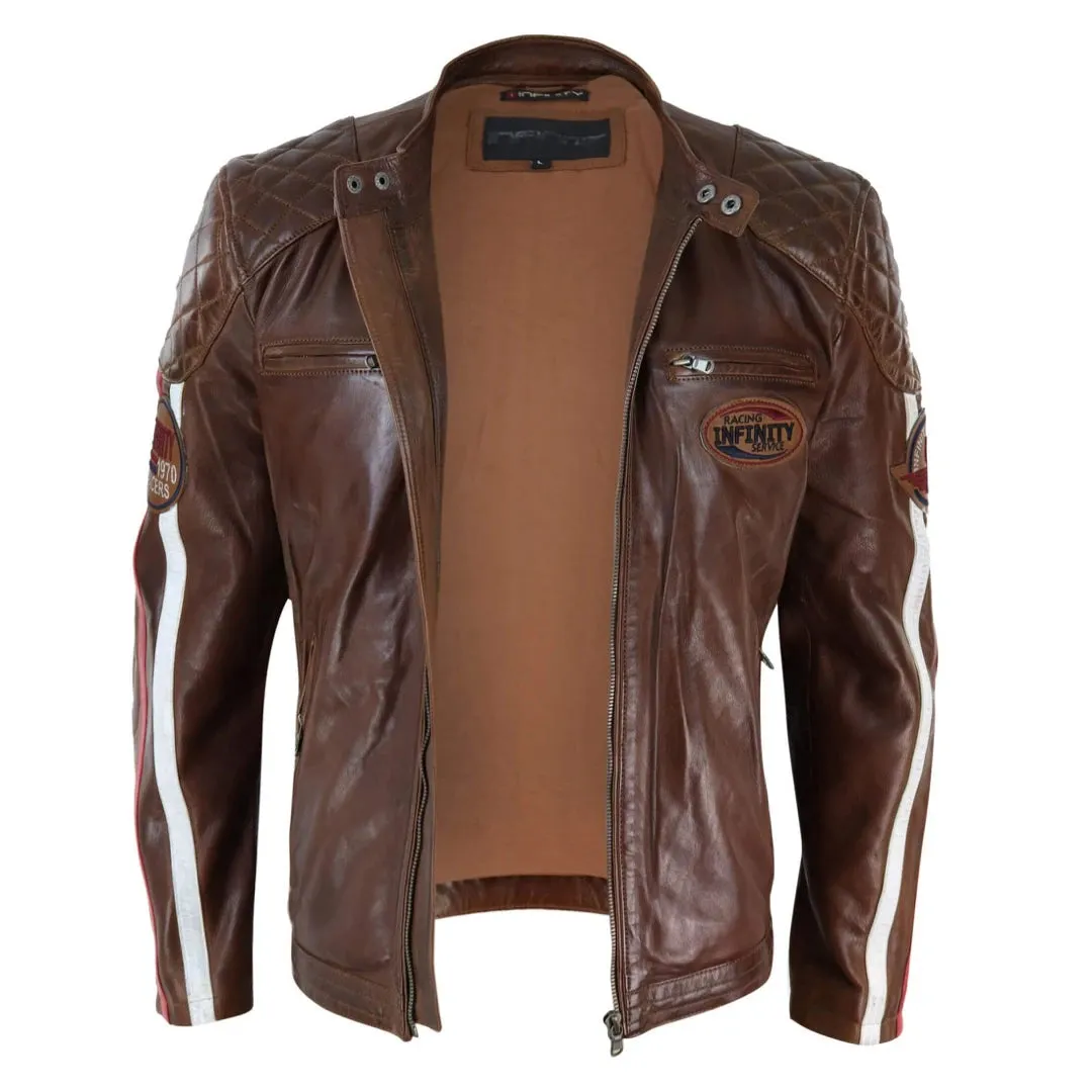 Chaqueta de carreras estilo biker de cuero auténtico en azul marino y Marrón oscuro con mangas a rayas para hombre