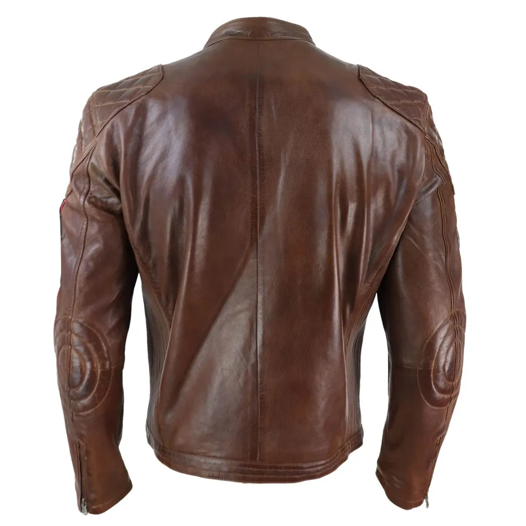 Chaqueta de carreras estilo biker de cuero auténtico en azul marino y Marrón oscuro con mangas a rayas para hombre