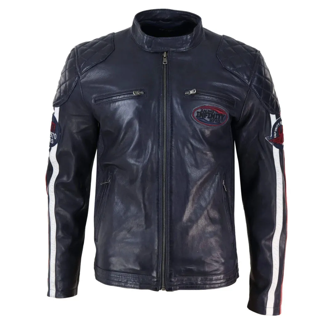 Chaqueta de carreras estilo biker de cuero auténtico en azul marino y Marrón oscuro con mangas a rayas para hombre