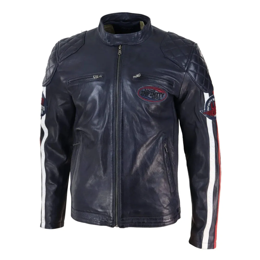 Chaqueta de carreras estilo biker de cuero auténtico en azul marino y Marrón oscuro con mangas a rayas para hombre