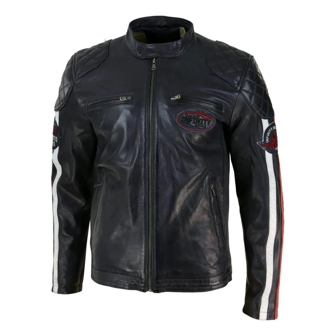 Chaqueta de carreras estilo biker de cuero auténtico en azul marino y Marrón oscuro con mangas a rayas para hombre