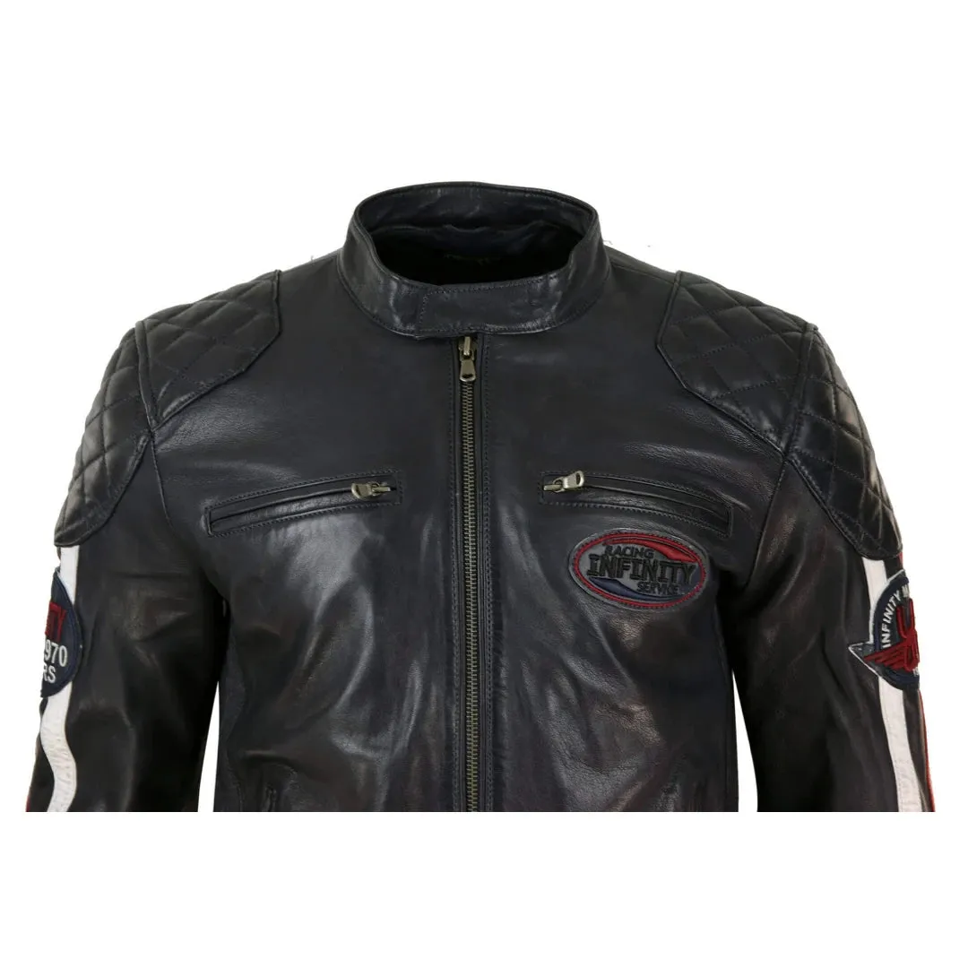 Chaqueta de carreras estilo biker de cuero auténtico en azul marino y Marrón oscuro con mangas a rayas para hombre