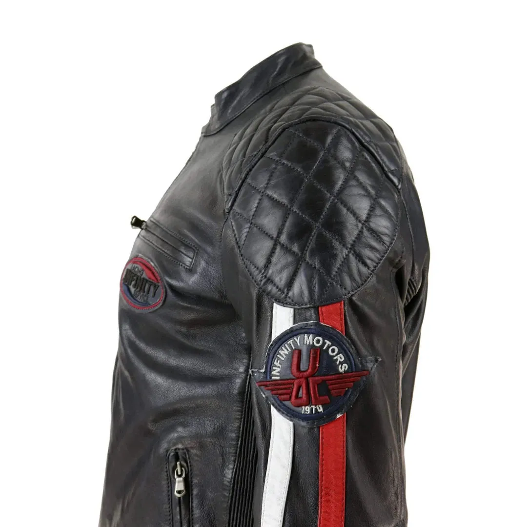 Chaqueta de carreras estilo biker de cuero auténtico en azul marino y Marrón oscuro con mangas a rayas para hombre