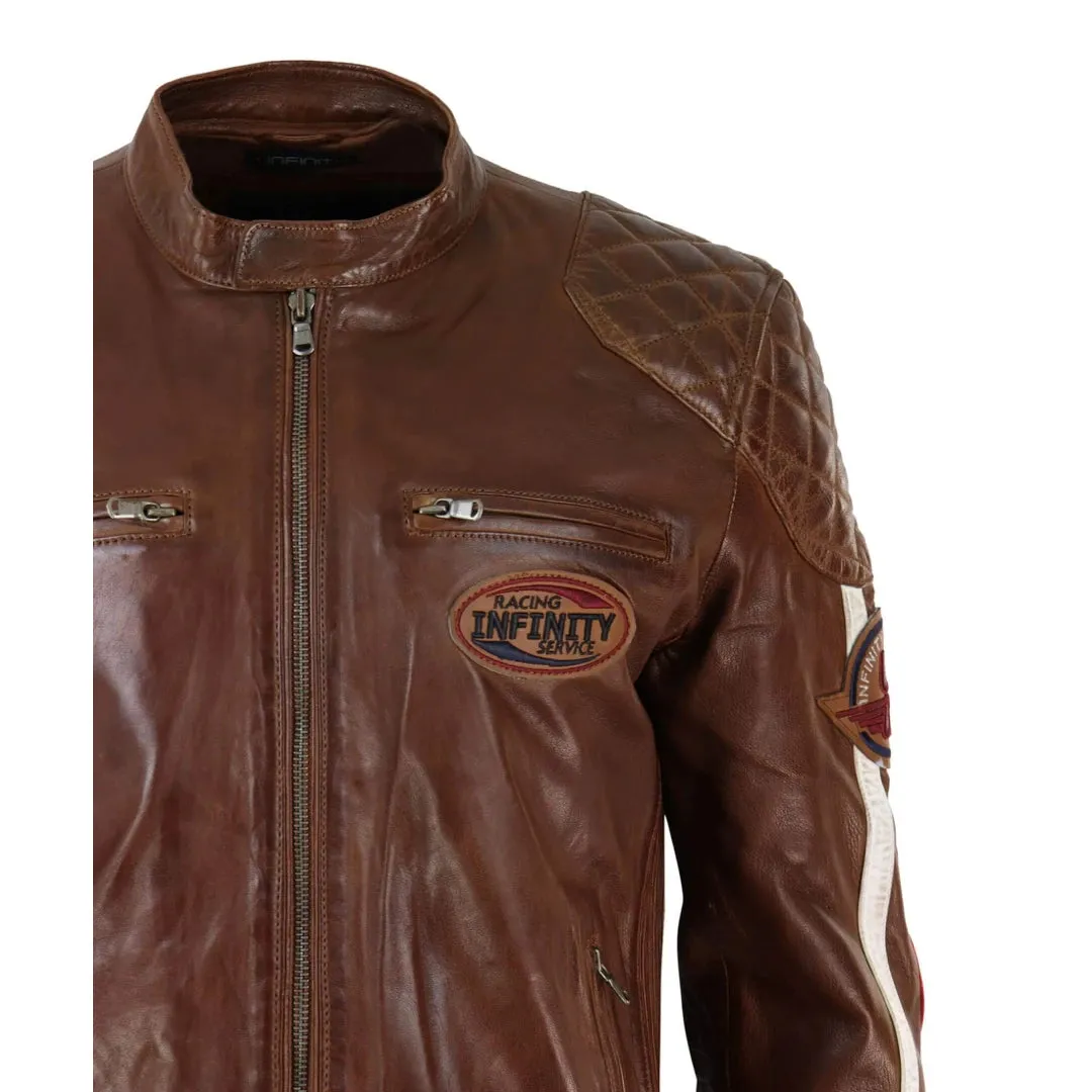 Chaqueta de carreras estilo biker de cuero auténtico en azul marino y Marrón oscuro con mangas a rayas para hombre