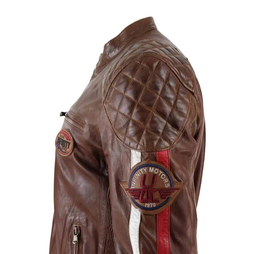 Chaqueta de carreras estilo biker de cuero auténtico en azul marino y Marrón oscuro con mangas a rayas para hombre