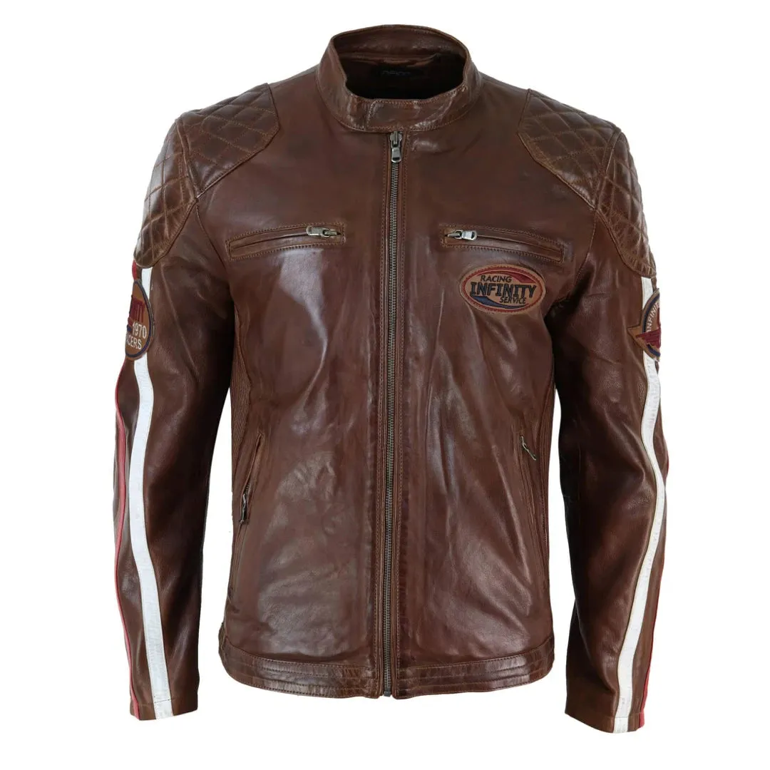 Chaqueta de carreras estilo biker de cuero auténtico en azul marino y Marrón oscuro con mangas a rayas para hombre