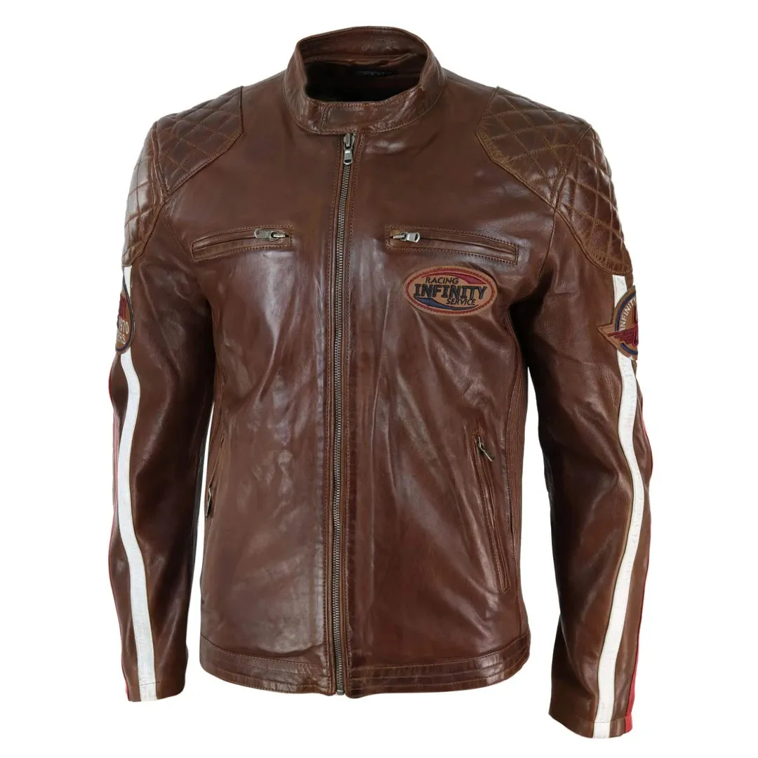 Chaqueta de carreras estilo biker de cuero auténtico en azul marino y Marrón oscuro con mangas a rayas para hombre