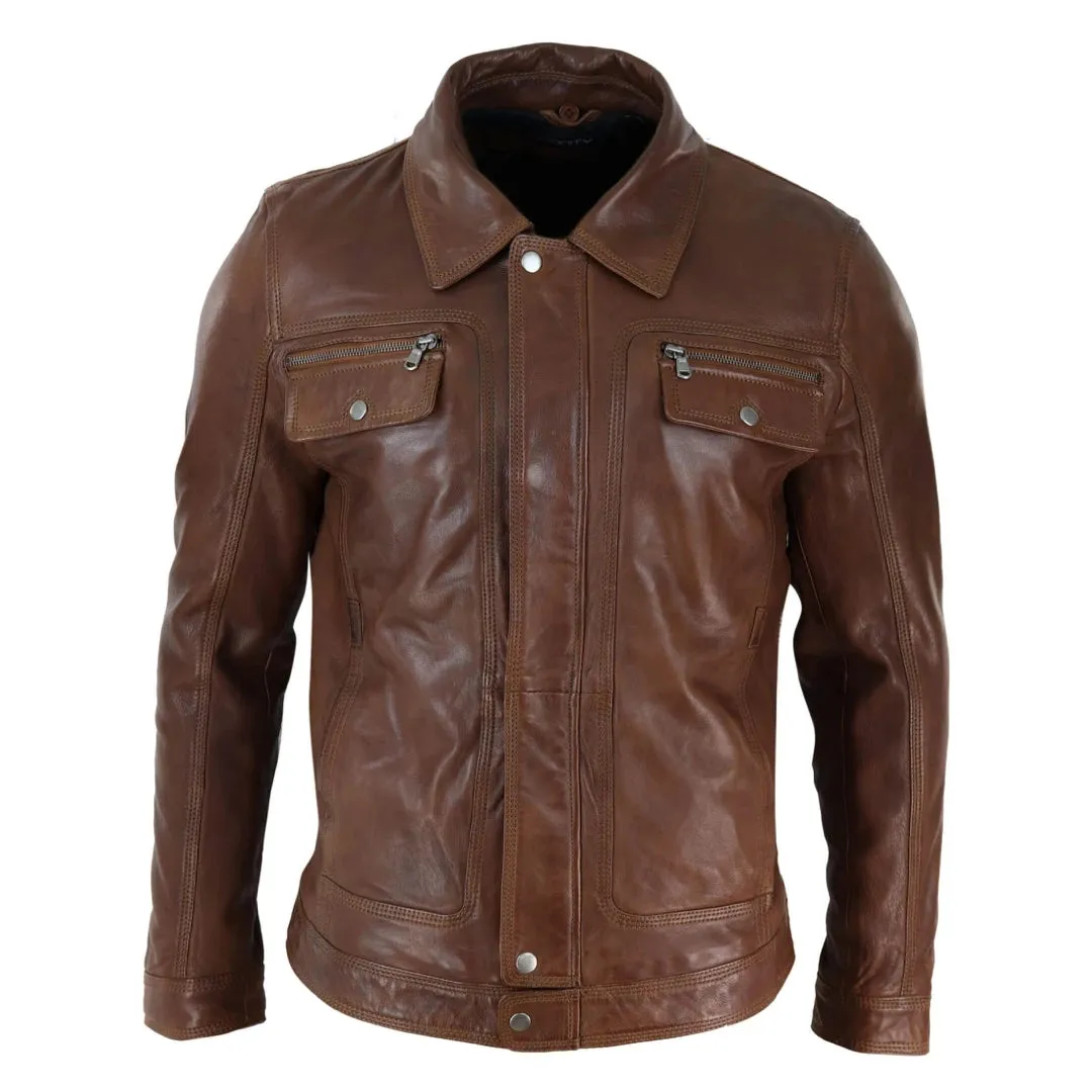 Chaqueta de cuero auténtico Marrón negro cuero de oveja en el cuello para hombre Botón y cremallera