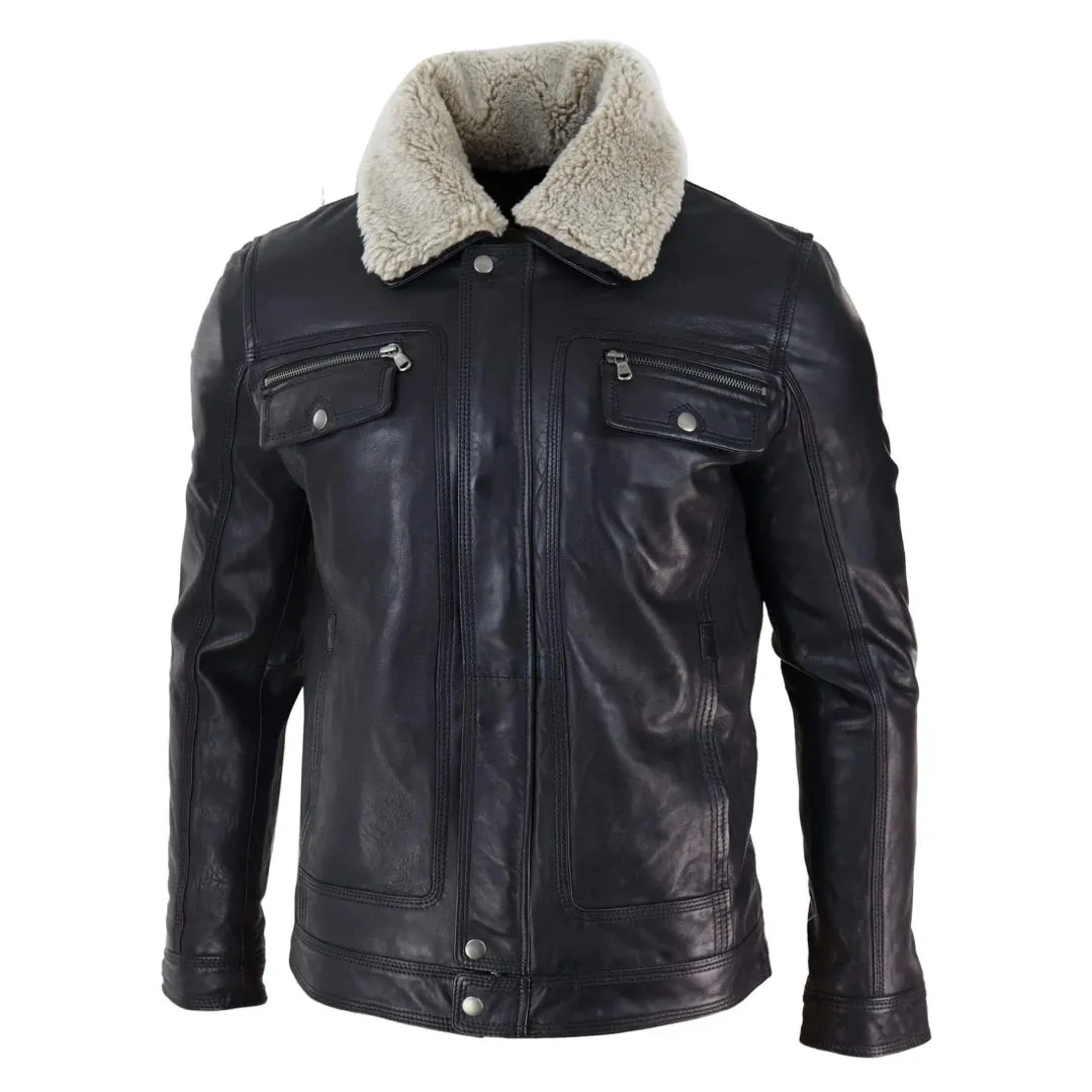 Chaqueta de cuero auténtico Marrón negro cuero de oveja en el cuello para hombre Botón y cremallera