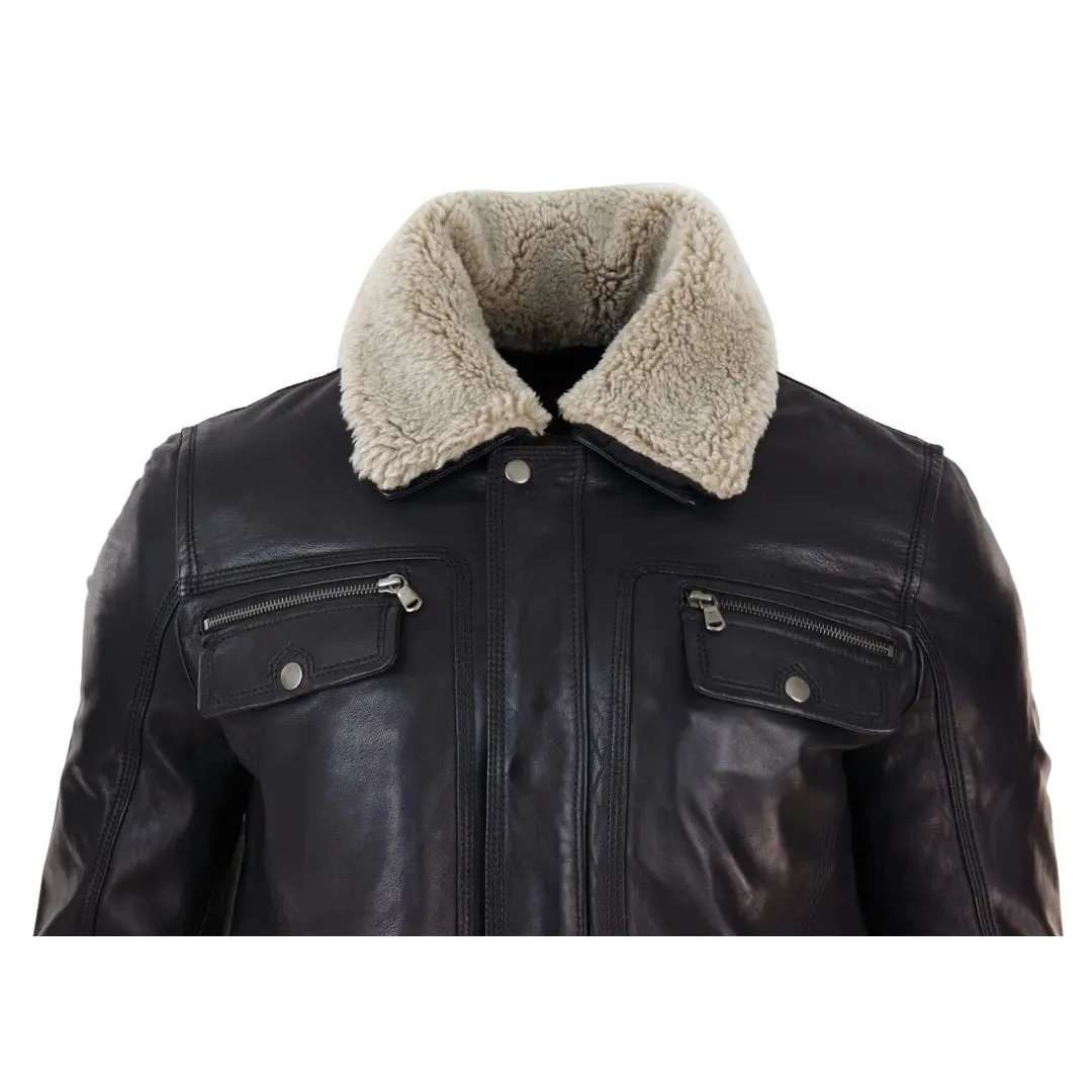Chaqueta de cuero auténtico Marrón negro cuero de oveja en el cuello para hombre Botón y cremallera