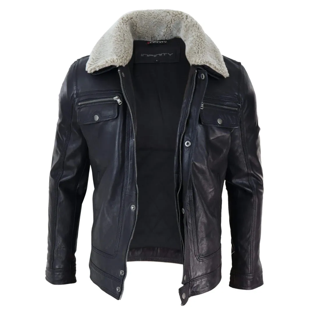 Chaqueta de cuero auténtico Marrón negro cuero de oveja en el cuello para hombre Botón y cremallera