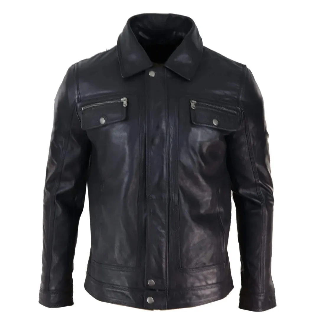 Chaqueta de cuero auténtico Marrón negro cuero de oveja en el cuello para hombre Botón y cremallera