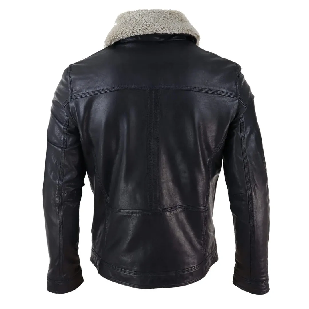 Chaqueta de cuero auténtico Marrón negro cuero de oveja en el cuello para hombre Botón y cremallera