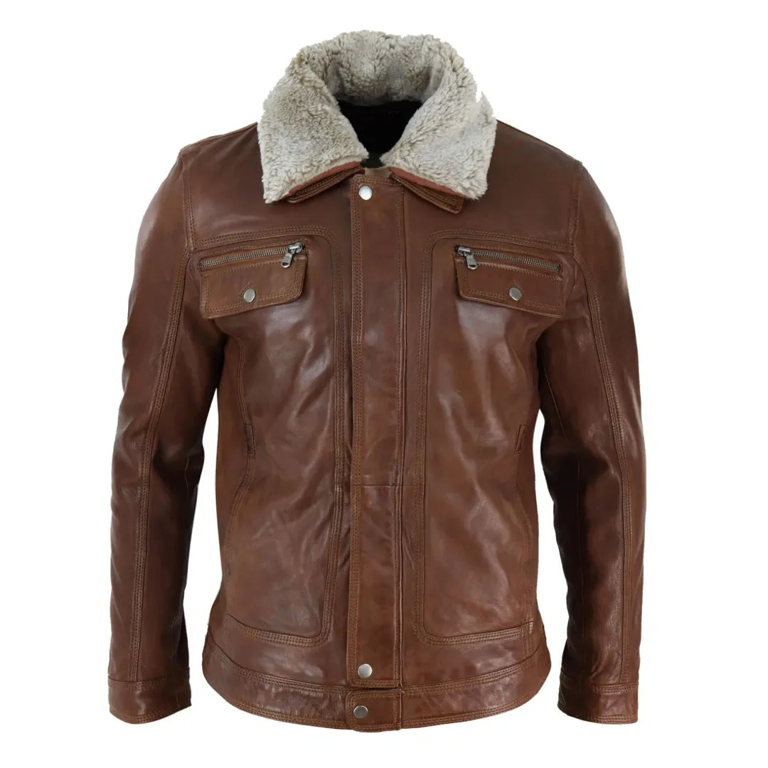 Chaqueta de cuero auténtico Marrón negro cuero de oveja en el cuello para hombre Botón y cremallera