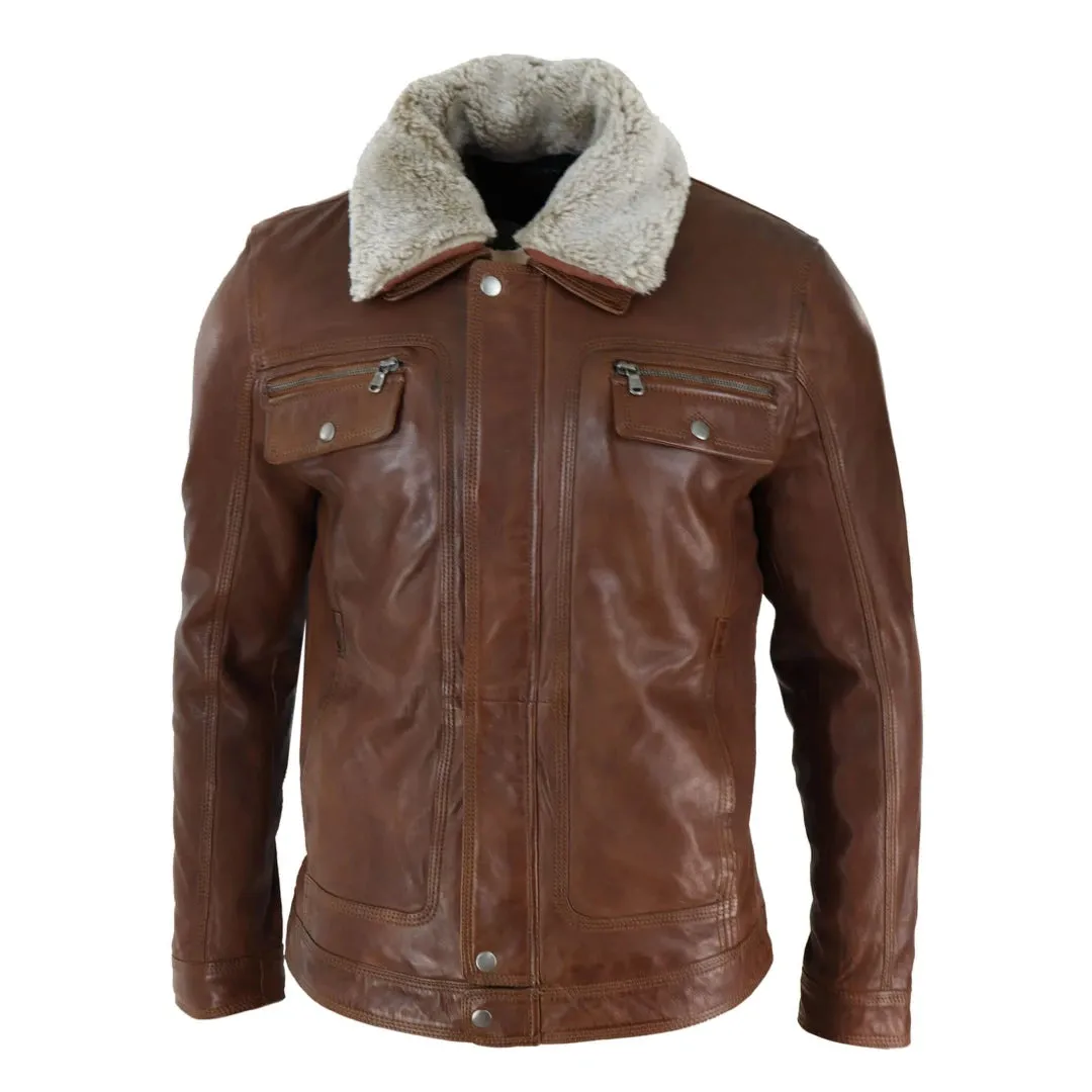 Chaqueta de cuero auténtico Marrón negro cuero de oveja en el cuello para hombre Botón y cremallera