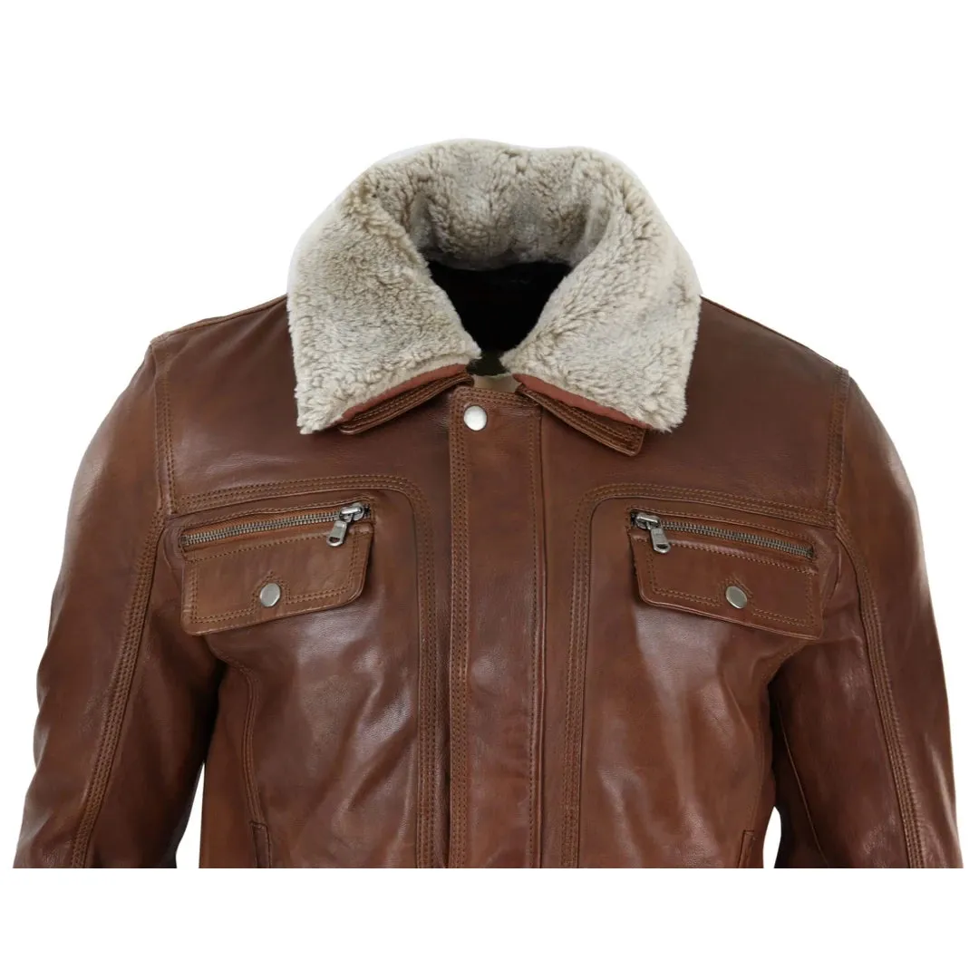 Chaqueta de cuero auténtico Marrón negro cuero de oveja en el cuello para hombre Botón y cremallera
