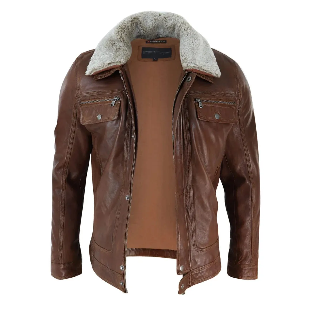 Chaqueta de cuero auténtico Marrón negro cuero de oveja en el cuello para hombre Botón y cremallera