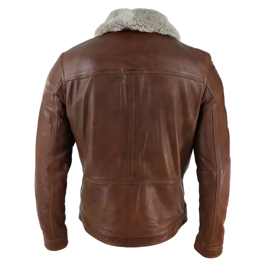 Chaqueta de cuero auténtico Marrón negro cuero de oveja en el cuello para hombre Botón y cremallera