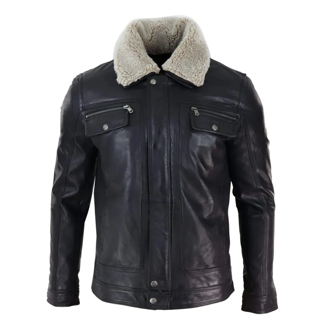 Chaqueta de cuero auténtico Marrón negro cuero de oveja en el cuello para hombre Botón y cremallera