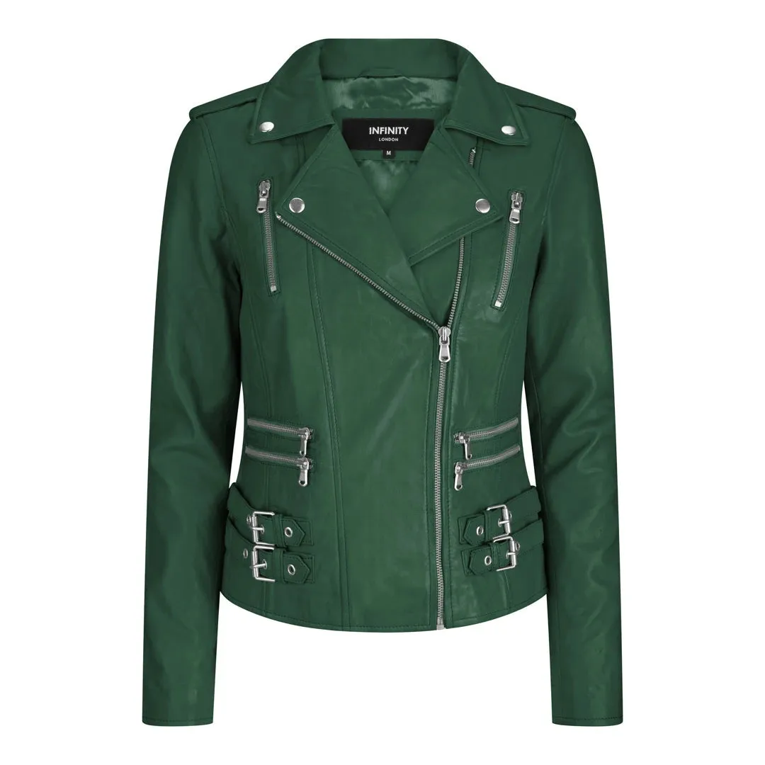 Chaqueta de motociclista de cuero real suave estilo carreras para mujer
