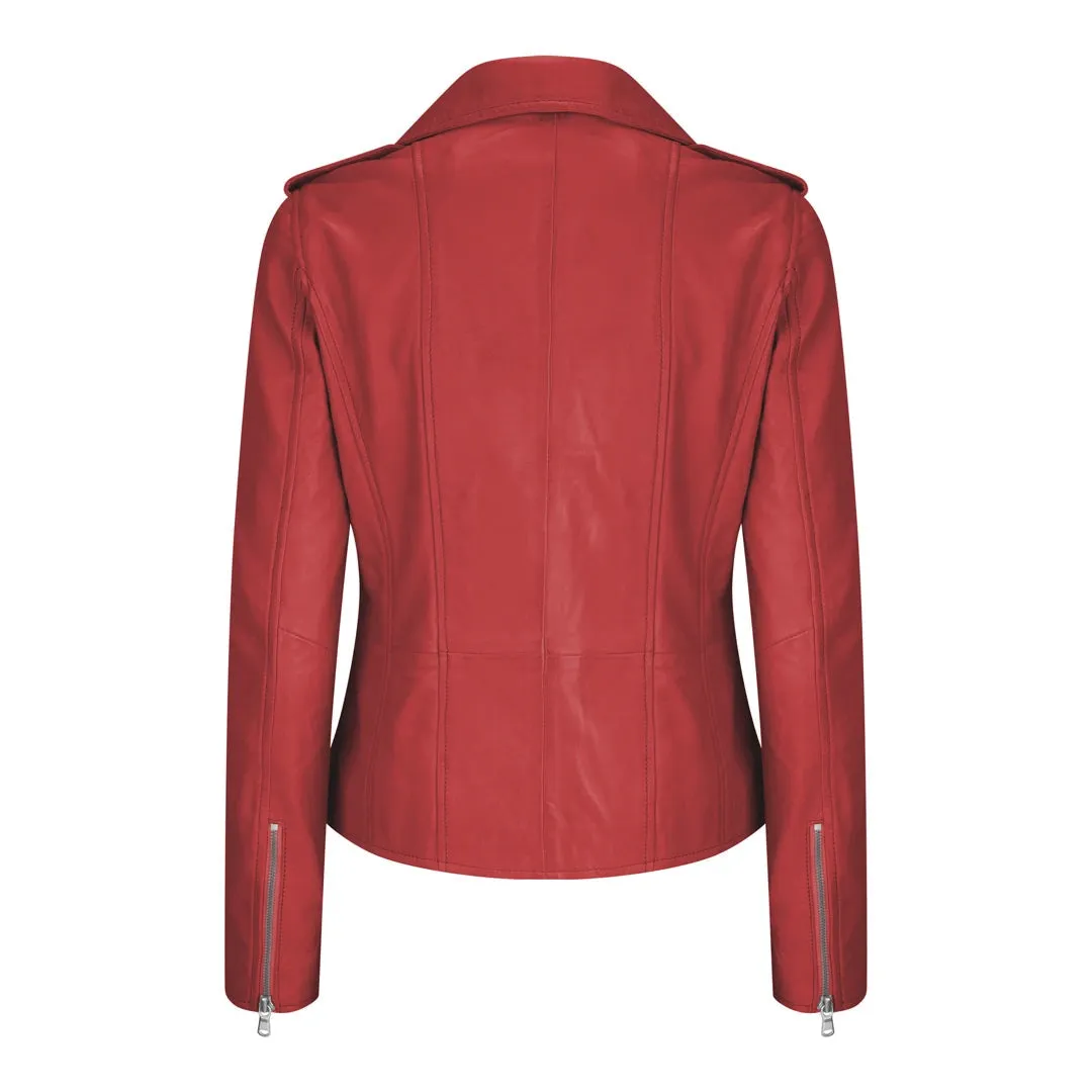 Chaqueta de motociclista de cuero real suave estilo carreras para mujer