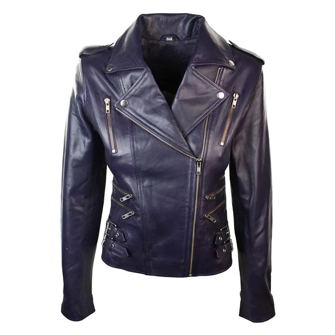 Chaqueta de motociclista de cuero real suave estilo carreras para mujer