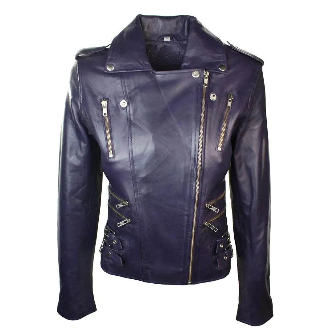 Chaqueta de motociclista de cuero real suave estilo carreras para mujer