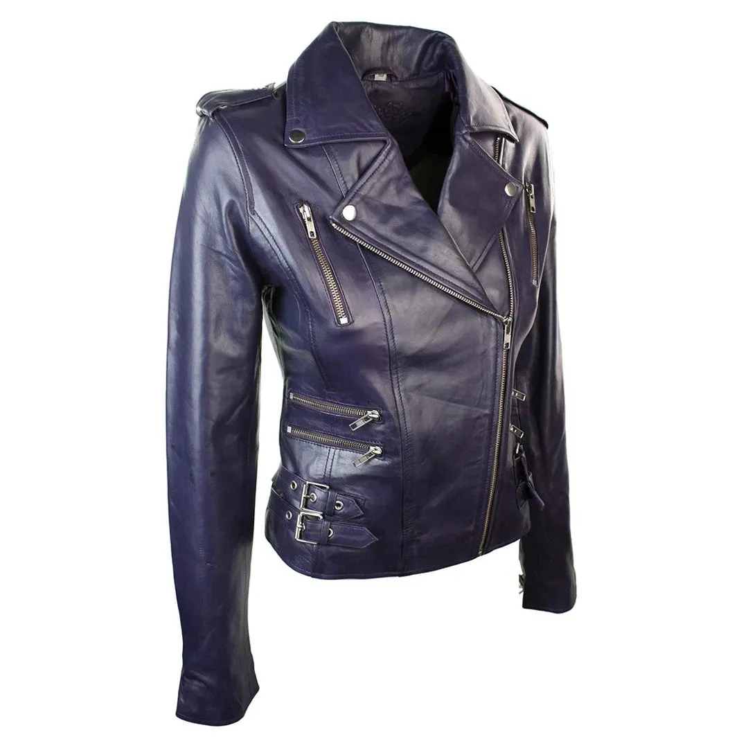 Chaqueta de motociclista de cuero real suave estilo carreras para mujer