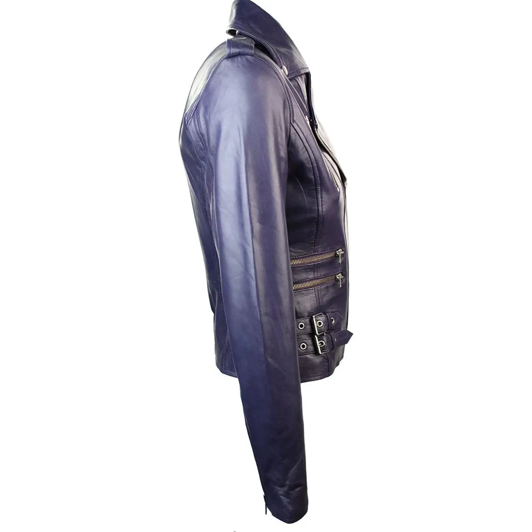 Chaqueta de motociclista de cuero real suave estilo carreras para mujer