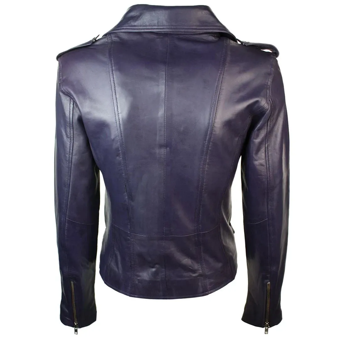 Chaqueta de motociclista de cuero real suave estilo carreras para mujer