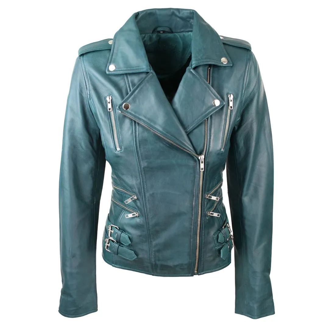 Chaqueta de motociclista de cuero real suave estilo carreras para mujer