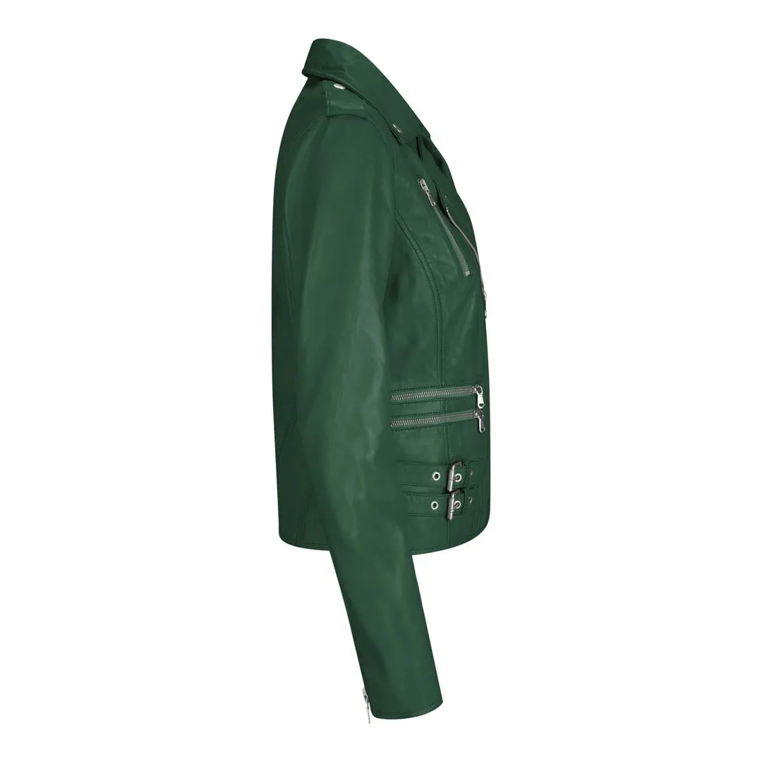 Chaqueta de motociclista de cuero real suave estilo carreras para mujer