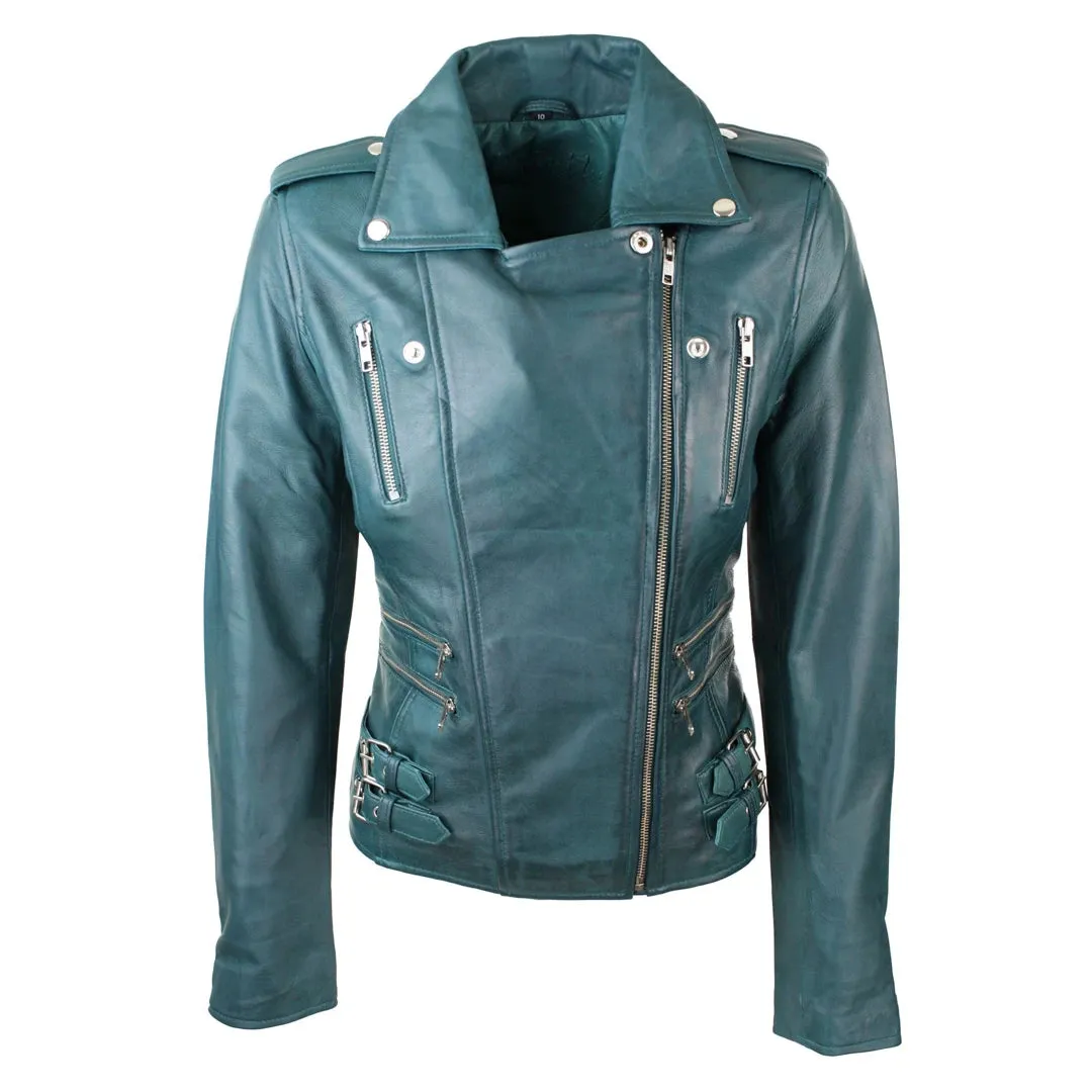 Chaqueta de motociclista de cuero real suave estilo carreras para mujer