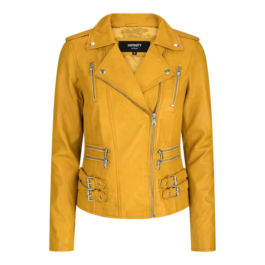 Chaqueta de motociclista de cuero real suave estilo carreras para mujer