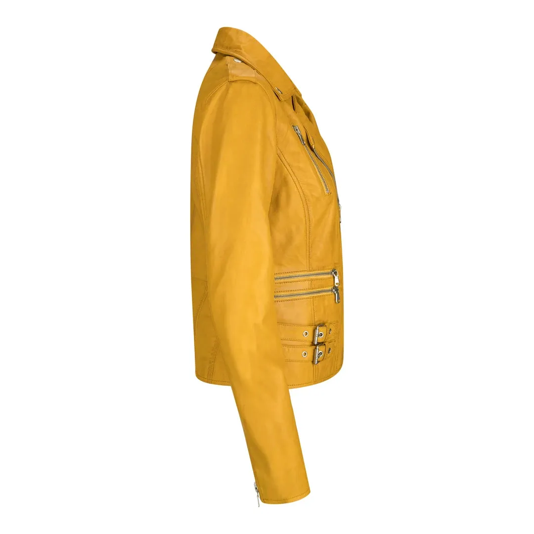 Chaqueta de motociclista de cuero real suave estilo carreras para mujer