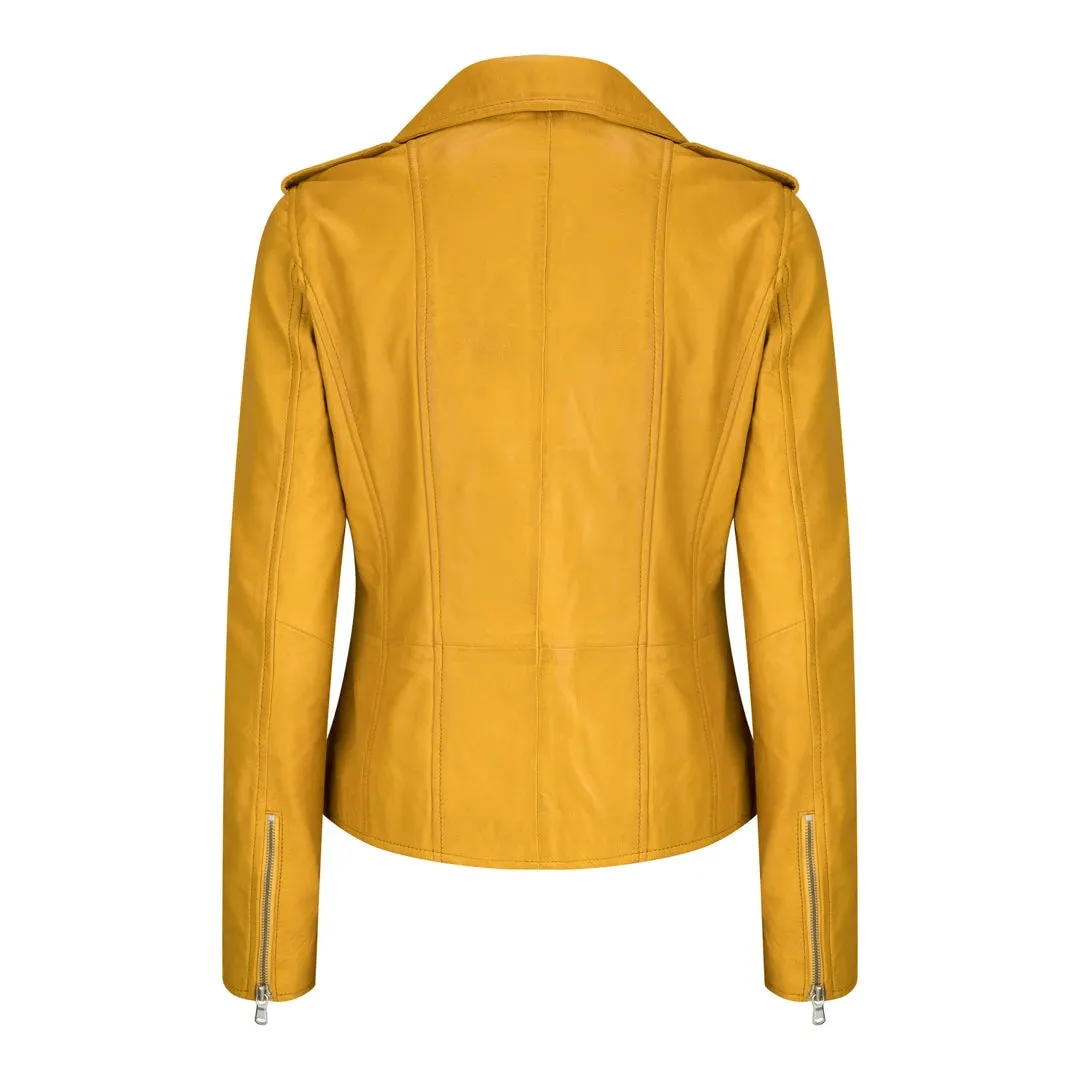 Chaqueta de motociclista de cuero real suave estilo carreras para mujer