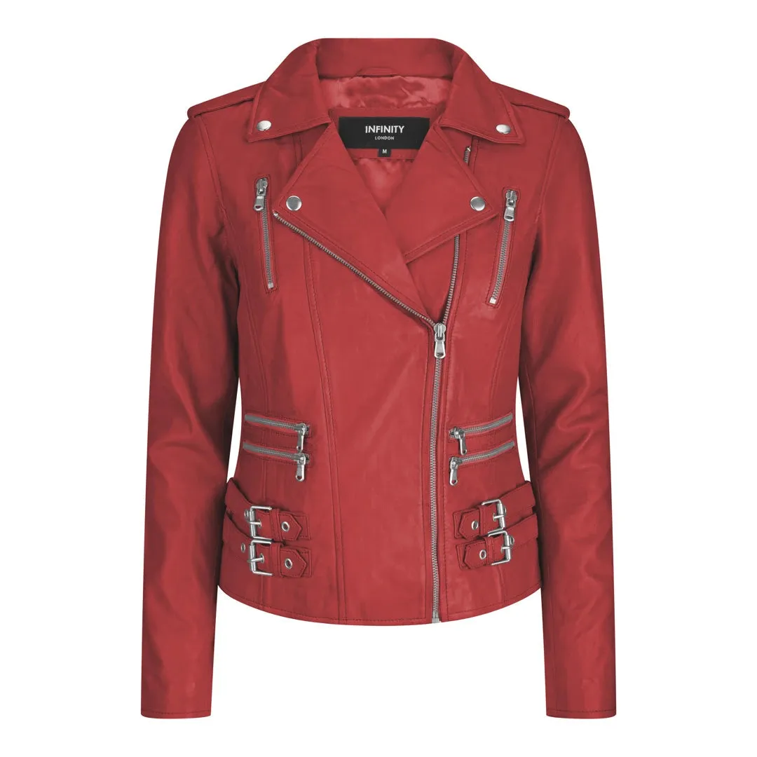 Chaqueta de motociclista de cuero real suave estilo carreras para mujer