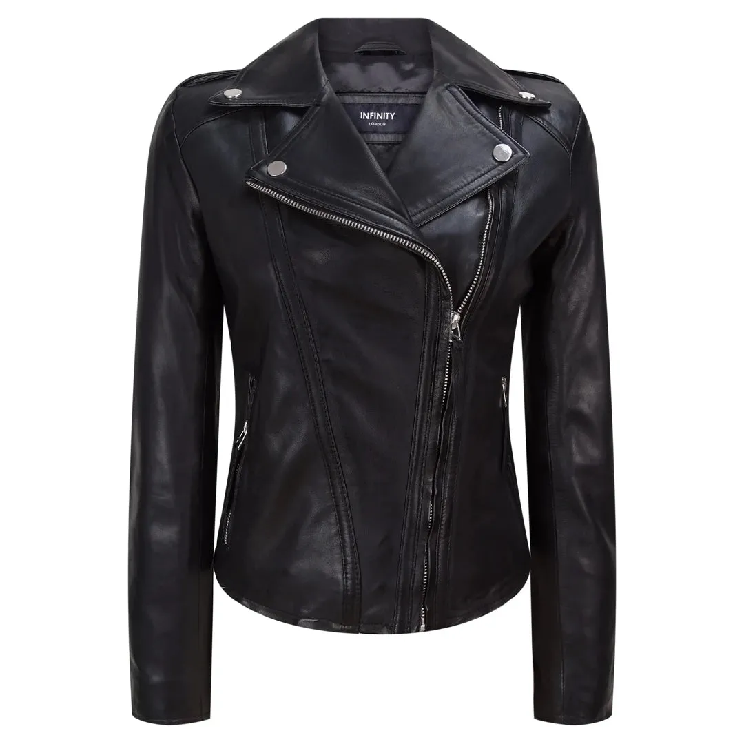 Chaqueta motorista de cuero real estilo clásico en color negro para mujer