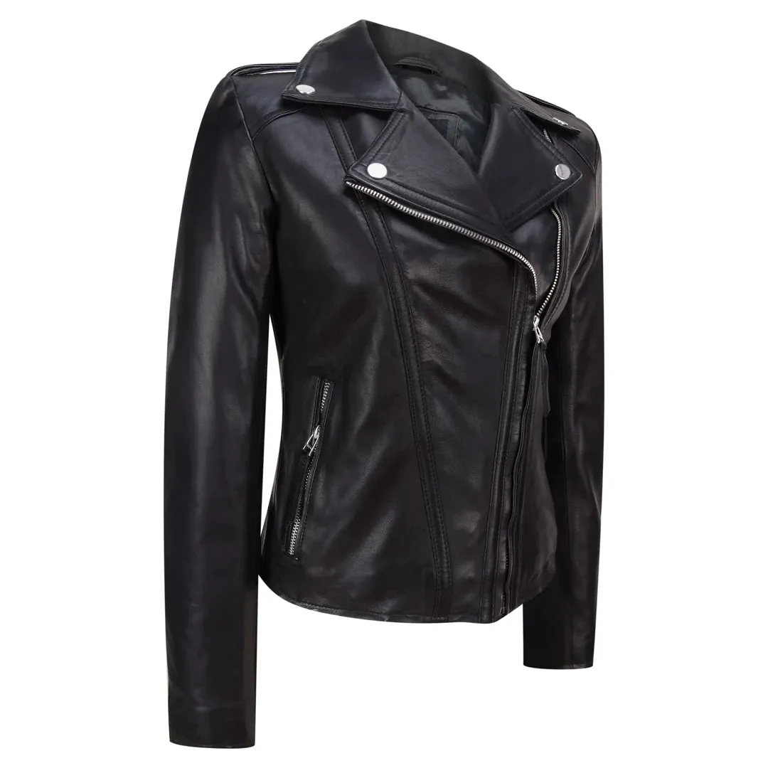 Chaqueta motorista de cuero real estilo clásico en color negro para mujer