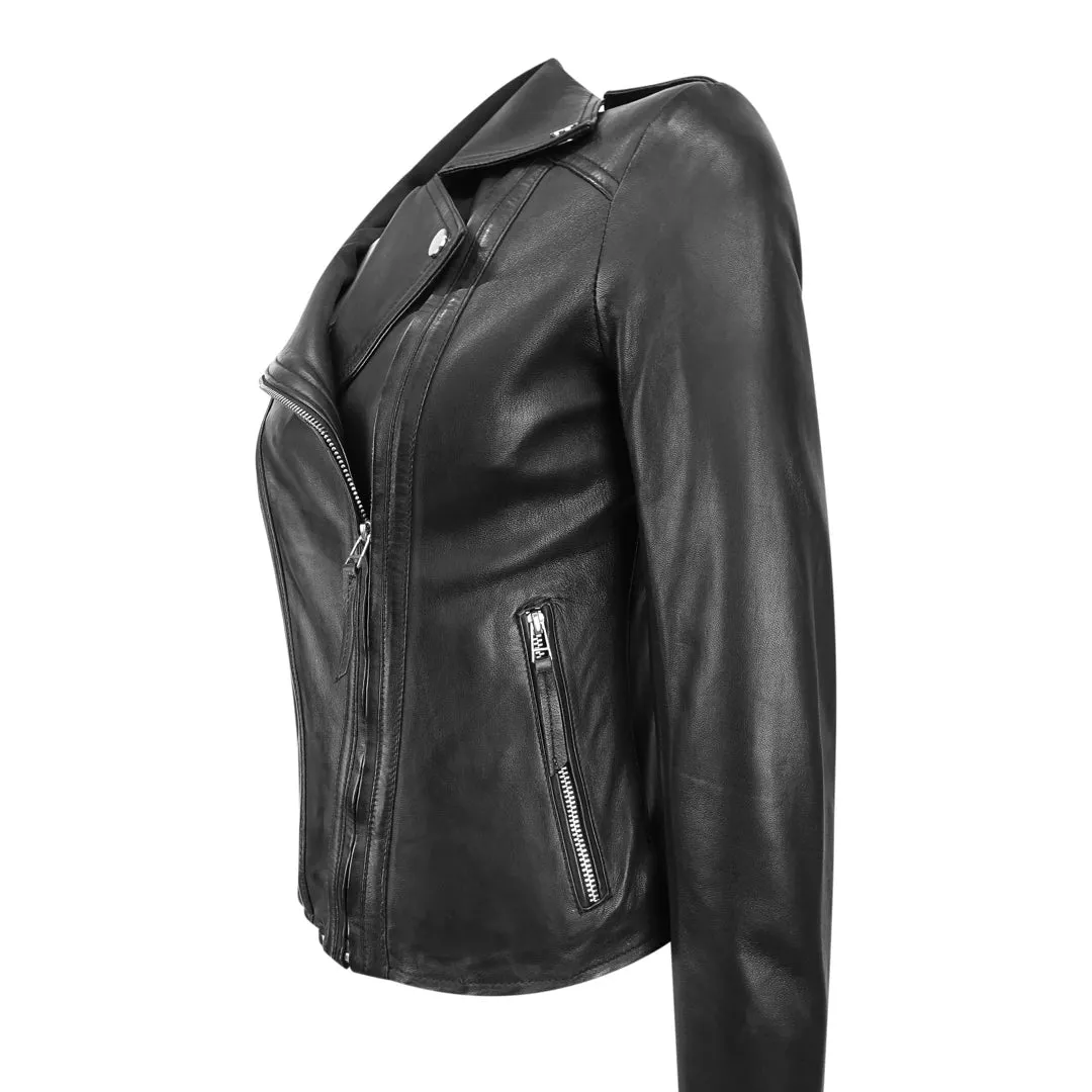 Chaqueta motorista de cuero real estilo clásico en color negro para mujer