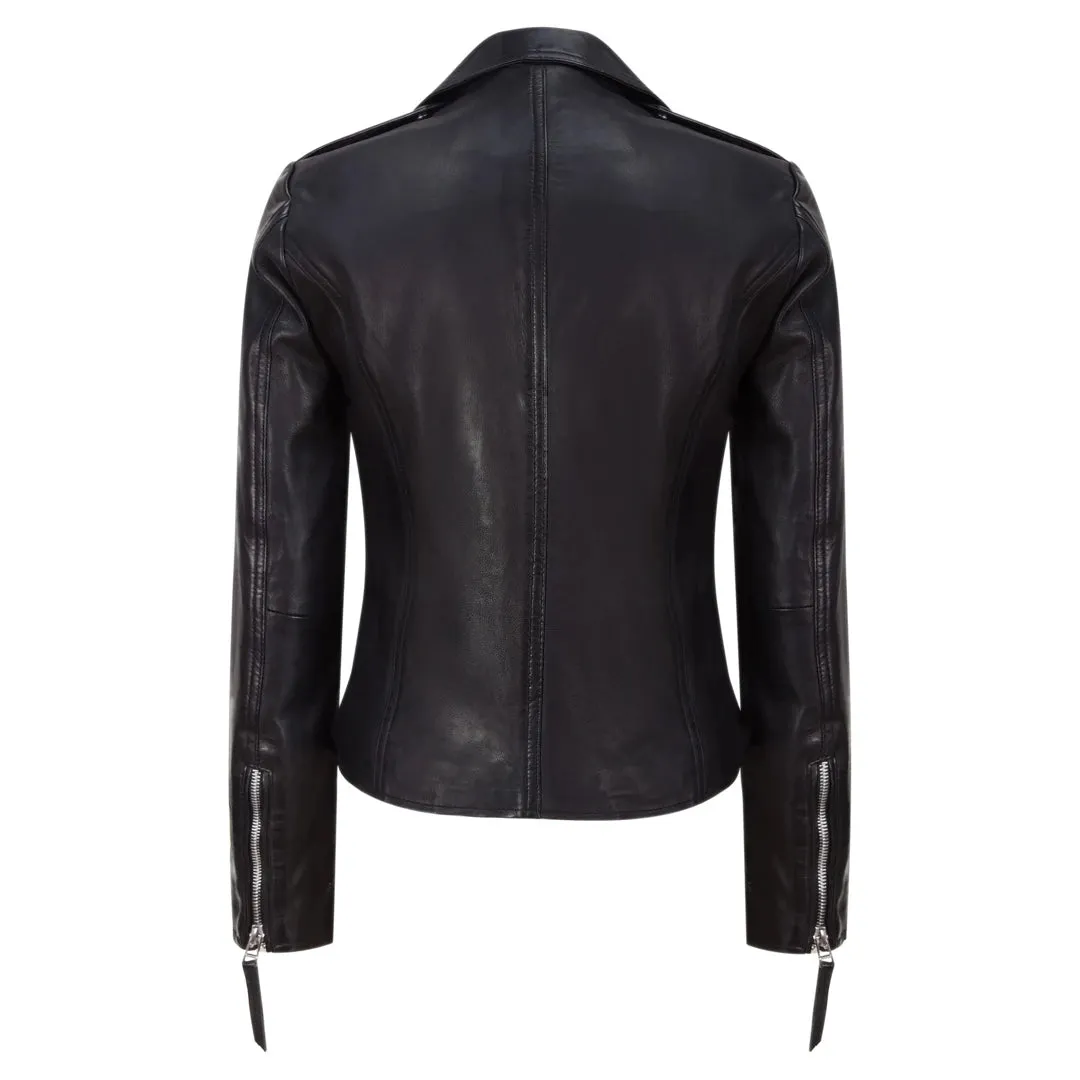 Chaqueta motorista de cuero real estilo clásico en color negro para mujer
