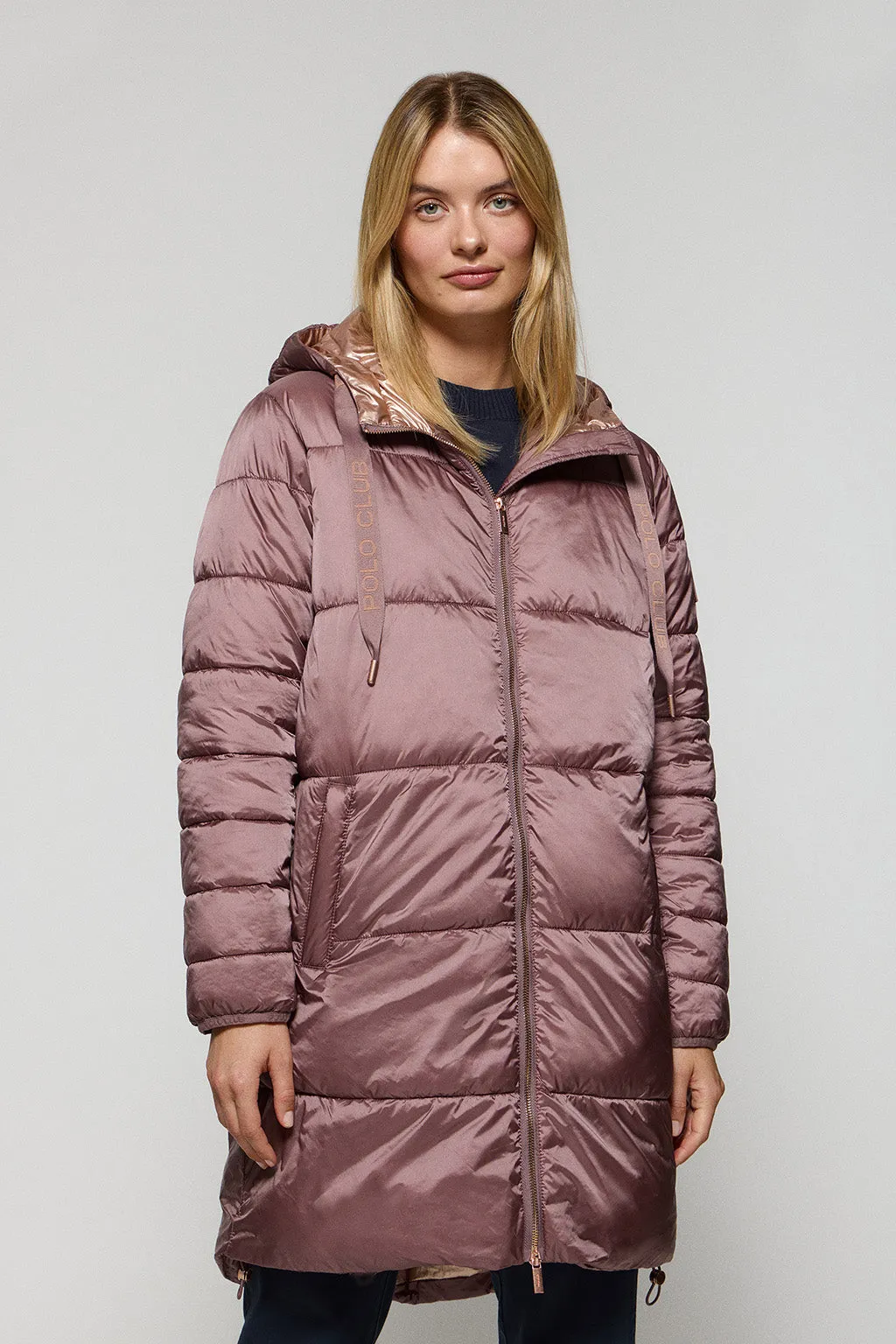 Chaqueta rosa taupe larga y acolchada Rose de capucha fija y detalles Polo Club