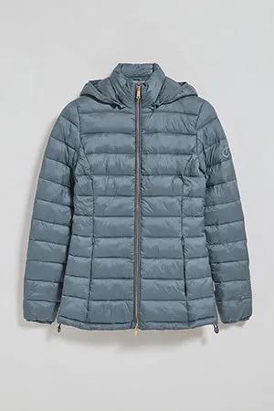 Chaqueta ultralight azul denim Cintia de capucha extraíble y bordado PC
