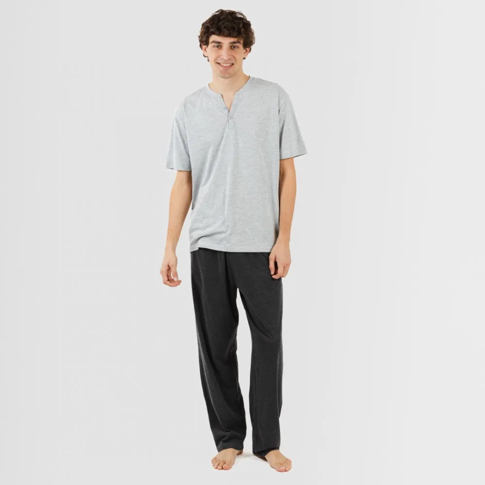 PIJAMA LARGO HOMBRE DE MANGA CORTA CON BOTON PERLA  MARENGO