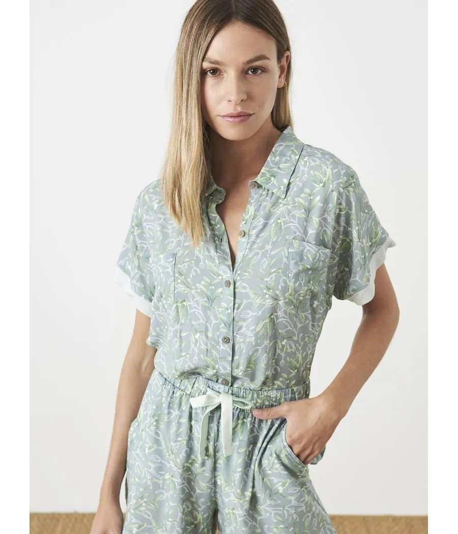 Pijama manga corta Pantalón largo verano mujer J&J Brothers verde Floral bolsillos viscosa