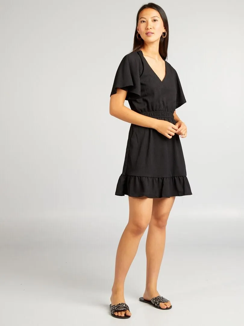 VESTIDO CORTO ESTAMPADO CON VOLANTES  NEGRO