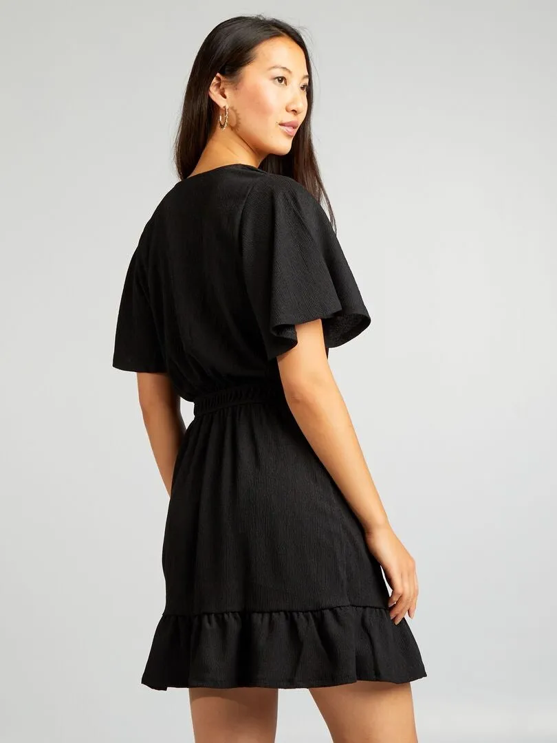 VESTIDO CORTO ESTAMPADO CON VOLANTES  NEGRO