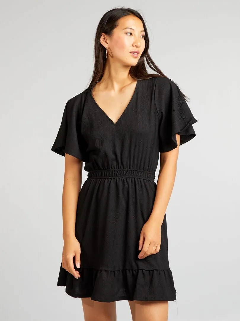 VESTIDO CORTO ESTAMPADO CON VOLANTES  NEGRO